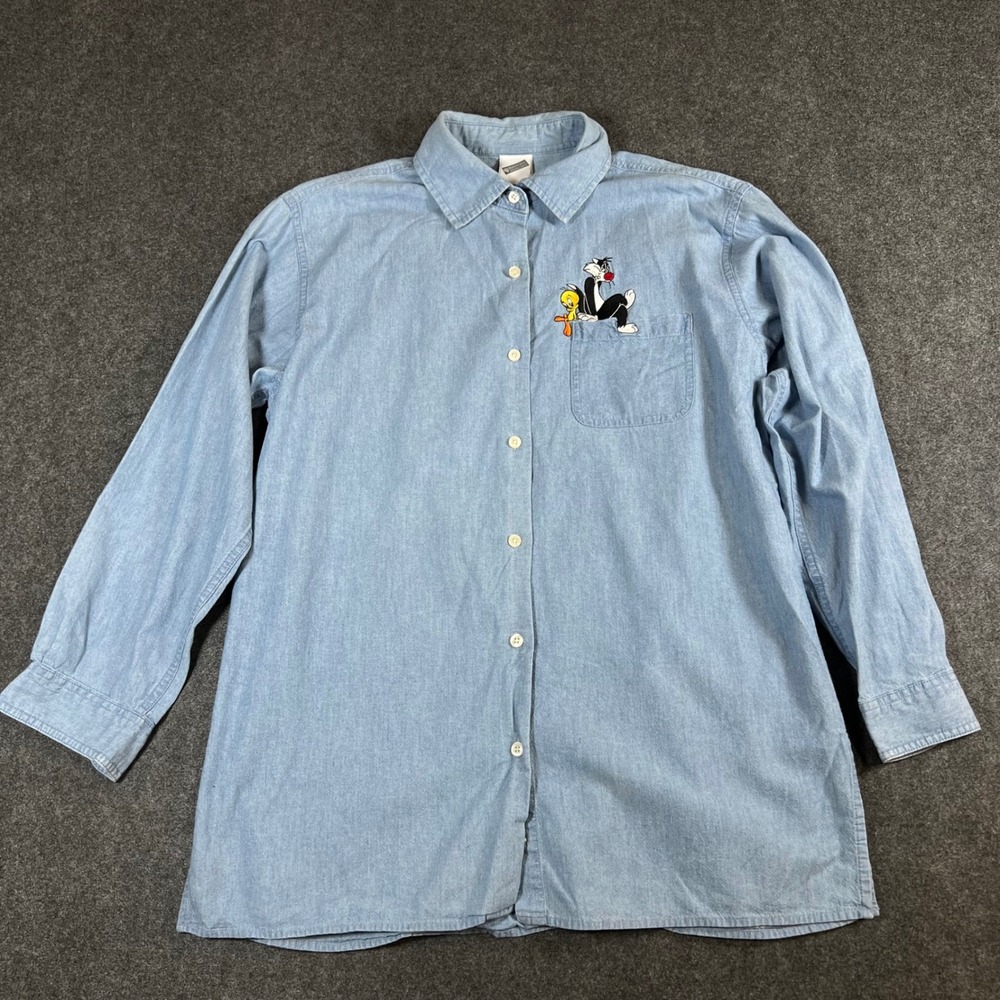Vintage Warner Bros Sylvester Tweety Denim Shirt Light Wash Small Looney Tunes